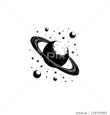 Monochrome Illustration of a Ringed Planet Amidst Stars and Celestial Bodies 129703901