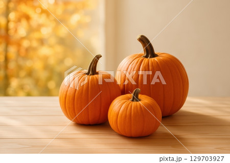 Warm autumn pumpkins on wooden table 129703927