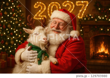 : Santa hugging goat at Christmas. 129703980