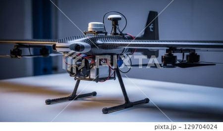 Professional Carbon Fiber Drone with Advanced Camera System on White Surface 129704024