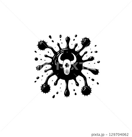 Stylized black bull skull emblem with splatter effect on white background 129704062