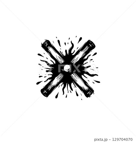Abstract monochrome illustration featuring dynamic ink splatters and bold cross design 129704070