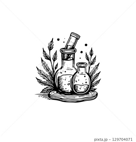 Botanical science set illustration featuring test tubes and chemical containers 129704071