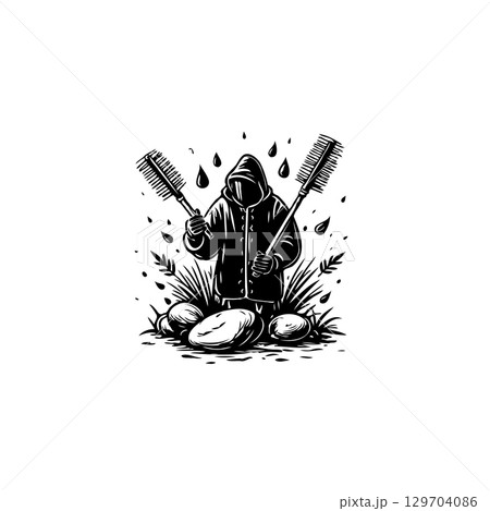 Monochrome illustration of a hooded figure holding brushes amidst natural elements 129704086