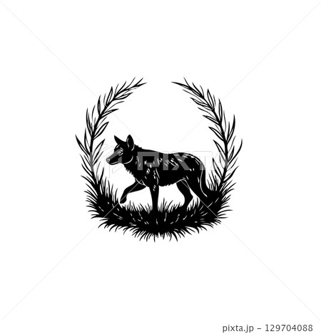 Mystical woodland silhouette: Detailed monochrome illustration of a wolf in nature 129704088