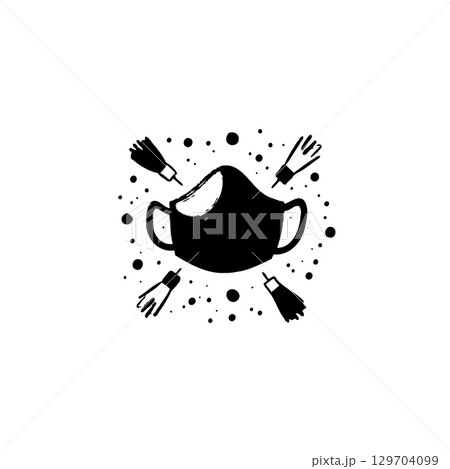 Black and white vector illustration of a mask surrounded by virus icons 129704099