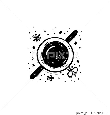Black and white illustration of a cup of hot drink with festive decorations 129704100