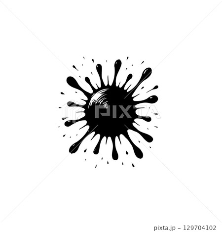 Abstract black ink blot with splatters creating an artistic splash pattern design 129704102