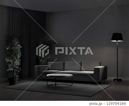 観葉植物とフロアライトのあるモダンな暗いリビングルーム（夜） 129704169