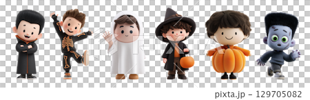 3D cute Halloween kids, boys characters in costume isolated on transparent background. 3D cute Halloween kids, boys characters in costume isolated on transparent background. 129705082