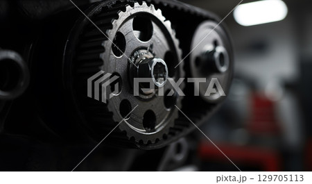 Close up of mechanical gear system showcasing intricate details and craftsmanship 129705113