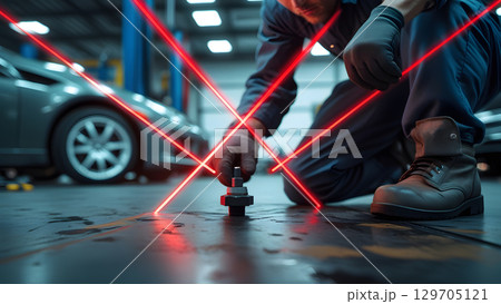 mechanic uses laser tools with focused expression in garage 129705121