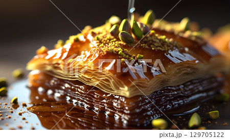 Delicious baklava with golden layers and pistachios, drizzled with syrup Delicious baklava with golden layers and pistachios, drizzled with syrup 129705122