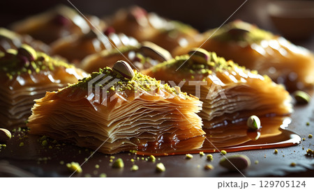 Delicious baklava with intricate layers and pistachio topping, sweet delight Delicious baklava with intricate layers and pistachio topping, sweet delight 129705124