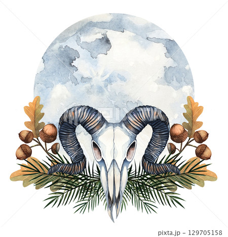 Ram skull with horns, oak branches with acorns, pine twigs and moon background, painted in watercolor. Ideal for pagan art, mystical decor, fantasy illustration, gothic prints, rustic forest design 129705158