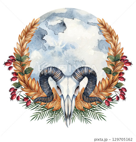 Ram skull with horns framed by wheat wreath, rosehip branches, pine twigs and moon background, painted in watercolor. Perfect for mystical, gothic, pagan, rustic and fantasy-themed designs and decor 129705162