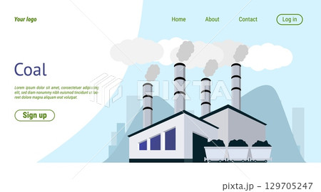 Power plant landing page. Coal generator turbine. Electricity production. Powerhouse with chimney. Website template. Fuel resource technology. Industrial construction. Vector background 129705247