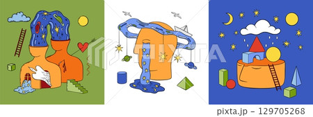 Mental health. Human mind. Psychology surreal brain. Couple dream together. Maze or 3d head space. Psychedelic creative growth. Sadness or depression. Psychotherapy vector concepts set Mental health. Human mind. Psychology surreal brain. Couple dream together. Maze or 3d head space. Psychedelic creative growth. Sadness or depression. Psychotherapy vector concepts set 129705268