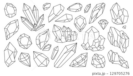 Crystal shape. 3d stone logo, hipster diamond gem art or mineral, polygon jewelry isolated composition. Triangle hexagon symbol. Outline stalagmites and stalactites sign. Vector line icons 129705276