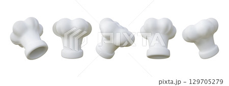 3d chef hat. Kitchen food icon, cartoon restaurant baker head cup or realistic cooker toque. White kitchenware accessory, headwear different side view. Vector render isolated illustration 3d chef hat. Kitchen food icon, cartoon restaurant baker head cup or realistic cooker toque. White kitchenware accessory, headwear different side view. Vector render isolated illustration 129705279