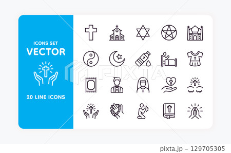 Religion icons. Line prayer symbol. Praying hand gesture. Bible book. Christian faith. Charity volunteering. Catholic cross. Jewish David star. Buddhism yin yang sign. Vector strokes set 129705305