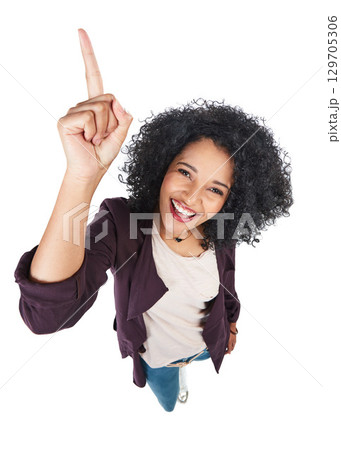 Top view, black woman and pointing with smile, mockup and girl isolated on white studio background. African American female, lady or gesture for space, marketing or person with happiness on backdrop 129705306