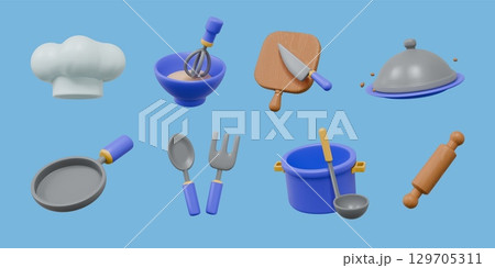 Cooking icons. 3D chef accessory. Kitchen utensil for restaurant. Appliance tool. Food plate and meal knife. Cute cooker spatula. Frying pan and saucepan. Vector plastic objects set 129705311