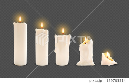 3d candle. Memorial candlelight. Realistic wax lit or fire glow. Burning stages. Melting sticks with beeswax drips. Paraffin decoration on transparent background. Vector light objects set 3d candle. Memorial candlelight. Realistic wax lit or fire glow. Burning stages. Melting sticks with beeswax drips. Paraffin decoration on transparent background. Vector light objects set 129705314