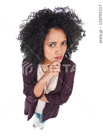 Black woman, thinking face and hands with top view for idea, question or doubt isolated in white background. African girl, thoughtful vision and questioning decision or pensive thoughts in studio Black woman, thinking face and hands with top view for idea, question or doubt isolated in white background. African girl, thoughtful vision and questioning decision or pensive thoughts in studio 129705317