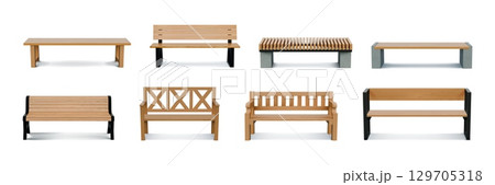 3d bench. Wood garden chair. Modern wooden park furniture or realistic seat. Plank sofa for sitting. Relaxation in park. Street armchair. Outdoor couch. Vector cityscape objects set 129705318