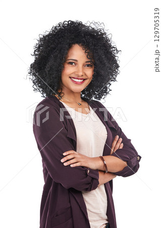Fashion, portrait and black woman with arms crossed in studio isolated on a white background. Makeup cosmetics, beauty and happy young female model from Brazil in stylish, trendy or designer clothing Fashion, portrait and black woman with arms crossed in studio isolated on a white background. Makeup cosmetics, beauty and happy young female model from Brazil in stylish, trendy or designer clothing 129705319