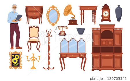Old furniture. Antique office table. Vintage living room interior. Retro lamp. Wooden cabinet. Shop seller. Home couch. Candle light. Picture and mirror. Vector furnishing elements set Old furniture. Antique office table. Vintage living room interior. Retro lamp. Wooden cabinet. Shop seller. Home couch. Candle light. Picture and mirror. Vector furnishing elements set 129705343