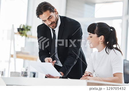 Business people, paperwork discussion and team planning finance report, sales presentation or financial management leader in office. Teamwork, conversation and documents analysis for business meeting 129705432