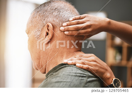 Physiotherapy, neck pain and senior man with physiotherapist for massage, injury and arthritis. Physical therapy, elderly male and patient consulting chiropractor for joint, muscle and spine relief 129705465