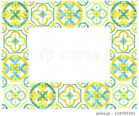 Horizontal frame made of Italian yellow and blue tiles. Watercolor hand-drawn illustration. Template for design Horizontal frame made of Italian yellow and blue tiles. Watercolor hand-drawn illustration. Template for design 129705581