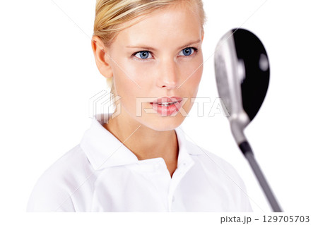 Woman, face and golf with sport and focus with golf club, motivation with fitness isolated on white background. Wellness, dream and exercise with golfer, athlete and sport in studio with lifestyle 129705703