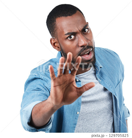 Portrait, hand and man in studio for stop, sign and warning while standing against white background. Face, hand gesture and palm, protest and defense, fight and denial, no and reject while isolated Portrait, hand and man in studio for stop, sign and warning while standing against white background. Face, hand gesture and palm, protest and defense, fight and denial, no and reject while isolated 129705825