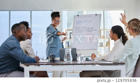 Business presentation, black woman leader and office training with teamwork and staff question. Management, conference room and sales team working with manager to problem solve for company strategy 129705836