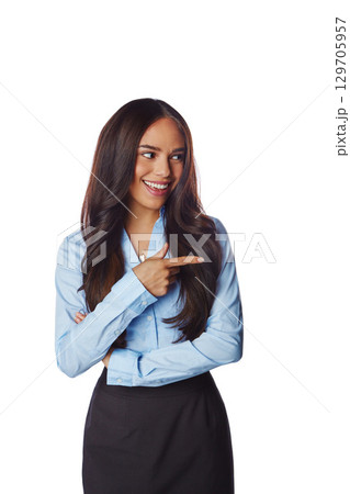Happy, finger and business woman pointing in a studio for advertising, marketing or mockup. Happiness, smile and female model with corporate, classy and elegant outfit isolated by a white background. Happy, finger and business woman pointing in a studio for advertising, marketing or mockup. Happiness, smile and female model with corporate, classy and elegant outfit isolated by a white background. 129705957