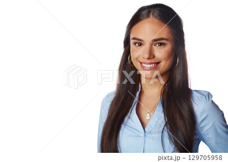 Beauty, business and portrait of model in studio with mockup space for advertising, marketing or product placement. Happy, smile and young professional woman from Mexico isolated by white background. Beauty, business and portrait of model in studio with mockup space for advertising, marketing or product placement. Happy, smile and young professional woman from Mexico isolated by white background. 129705958