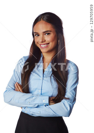 Isolated, business and portrait of woman with arms crossed in white background studio for management, leader and fashion. Happy, smile and confident with Brazilian girl for formal, cute and style Isolated, business and portrait of woman with arms crossed in white background studio for management, leader and fashion. Happy, smile and confident with Brazilian girl for formal, cute and style 129705959