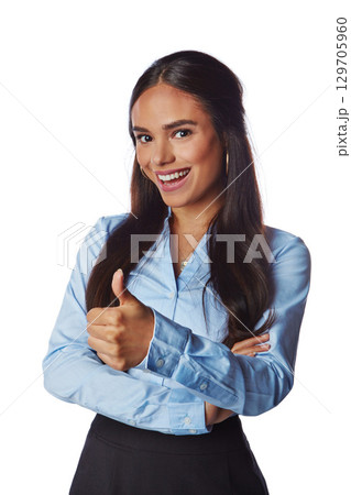 Business woman, smile and thumbs up for winning, deal or discount against white studio background. Portrait of a isolated happy female employee model standing with thumbsup for good job, done or sale Business woman, smile and thumbs up for winning, deal or discount against white studio background. Portrait of a isolated happy female employee model standing with thumbsup for good job, done or sale 129705960