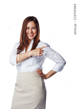 Discount, showing and pointing at opportunity by businesswoman isolated in a studio white background. Happy, excited and smiling corporate female presenting copy space for a promo deal 129705964
