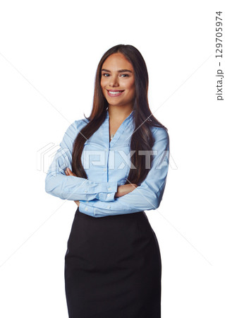 Isolated, business and portrait of woman with mockup in white background studio for management, leader and fashion. Happy, smile and confident with Brazilian girl and arms crossed for formal and cute Isolated, business and portrait of woman with mockup in white background studio for management, leader and fashion. Happy, smile and confident with Brazilian girl and arms crossed for formal and cute 129705974