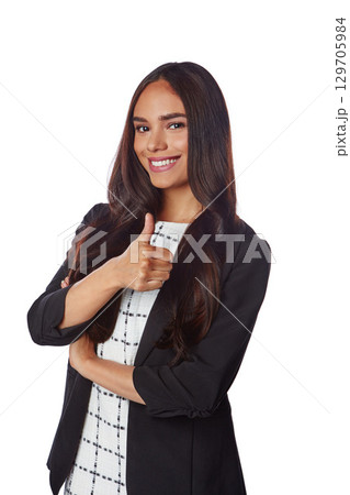 Thumbs up, business woman and isolated on a white background in winning, success and thank you Yes, like or winner of beautiful model with leadership for vote, emoji hand sign and confidence portrait 129705984