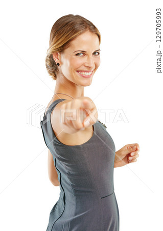 Pointing, you and woman in studio portrait to show winner, opportunity or choice for success, vote and direction. Professional worker, employee or worker with hand sign for recruitment and smile Pointing, you and woman in studio portrait to show winner, opportunity or choice for success, vote and direction. Professional worker, employee or worker with hand sign for recruitment and smile 129705993