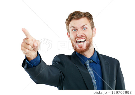Portrait, angry and businessman pointing in studio, frustrated and shouting on white background. Stress, threat and hand sign or warning, conflict or bullying, direction and aggression while isolated 129705998