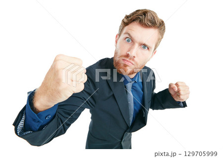 Portrait, angry and fist with a business man in studio isolated on a white background for corporate conflict. Anger, aggression and violence with a male employee ready for a fight on blank space 129705999