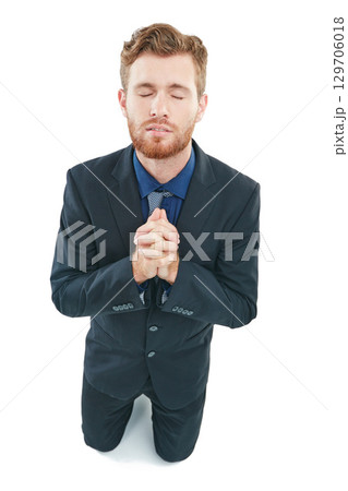 Praying, job and business man in studio for hiring, recruitment or career opportunity hope, faith and help. Prayer hands sign, emoji and corporate worker in job search, interview results or feedback Praying, job and business man in studio for hiring, recruitment or career opportunity hope, faith and help. Prayer hands sign, emoji and corporate worker in job search, interview results or feedback 129706018