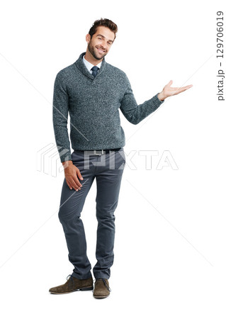 Product placement, marketing and portrait of a man with mockup space isolated on a white background. Advertising, branding and employee showing a product for a commercial on a studio background Product placement, marketing and portrait of a man with mockup space isolated on a white background. Advertising, branding and employee showing a product for a commercial on a studio background 129706019